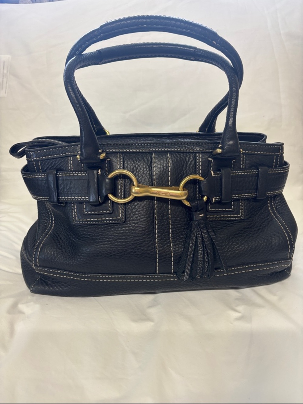 Vintage coach hampton era black leather satchel with equestrian horsebit brass